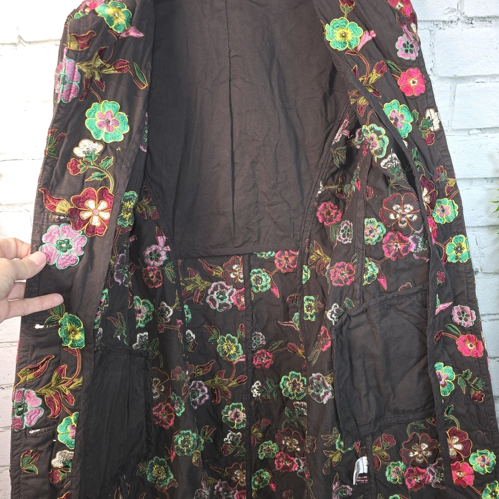 JOHNNY WAS CHOCOLATE BROWN FLORAL EMBROIDERED TRENCH COAT WOMENS XS - Picture 6 of 9